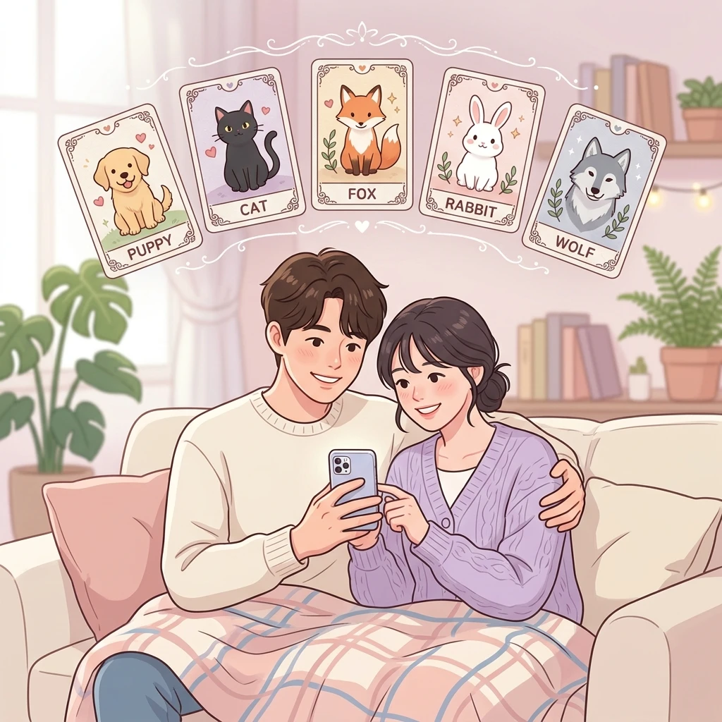 소파에 함께 앉아 스마트폰을 보는 연인과 그 위에 떠 있는 강아지·고양이·여우·토끼·늑대 동물상 카드 일러스트