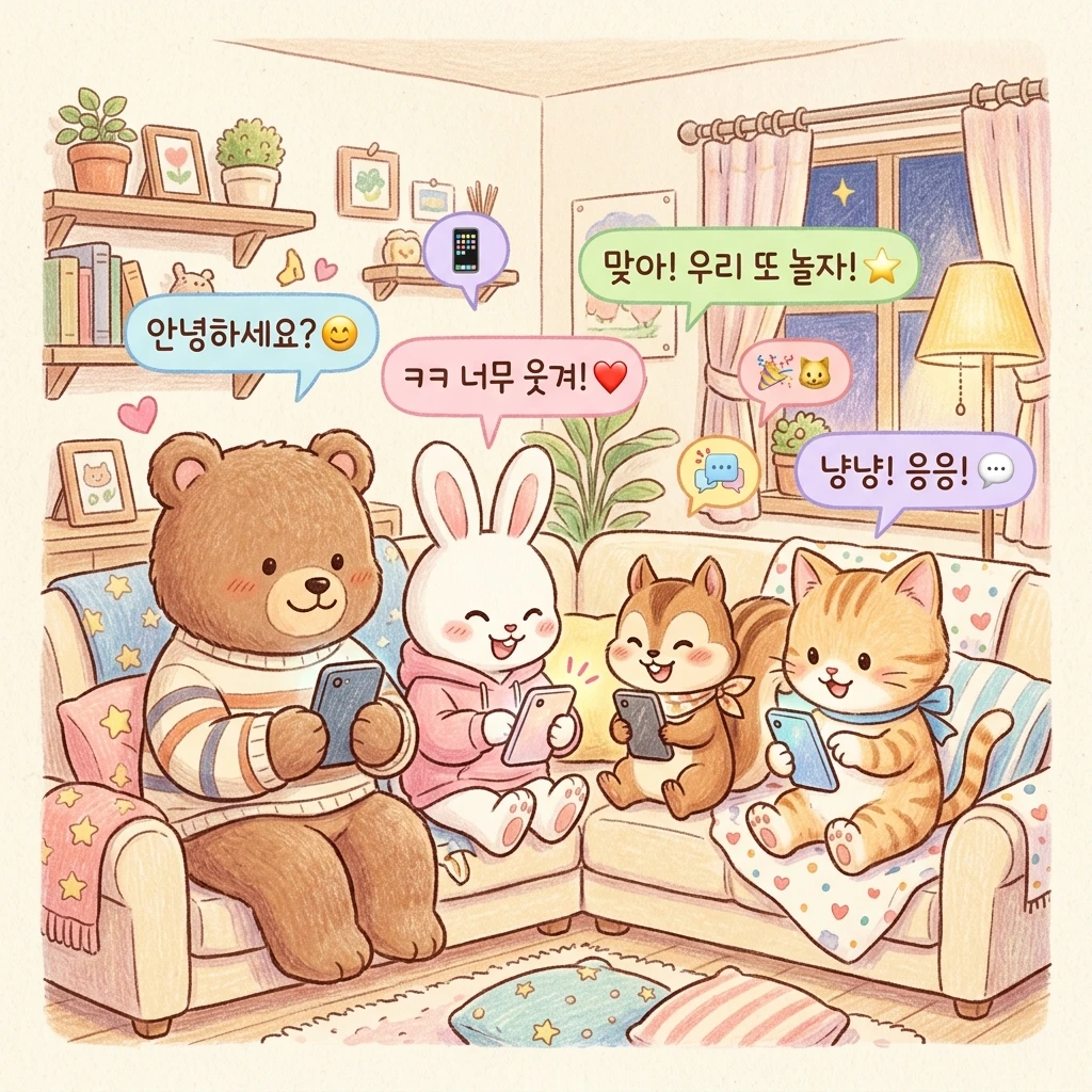 소파에 나란히 앉은 곰, 토끼, 다람쥐, 고양이가 각자 스마트폰을 들고 서로 다른 말투의 말풍선을 띄운 일러스트