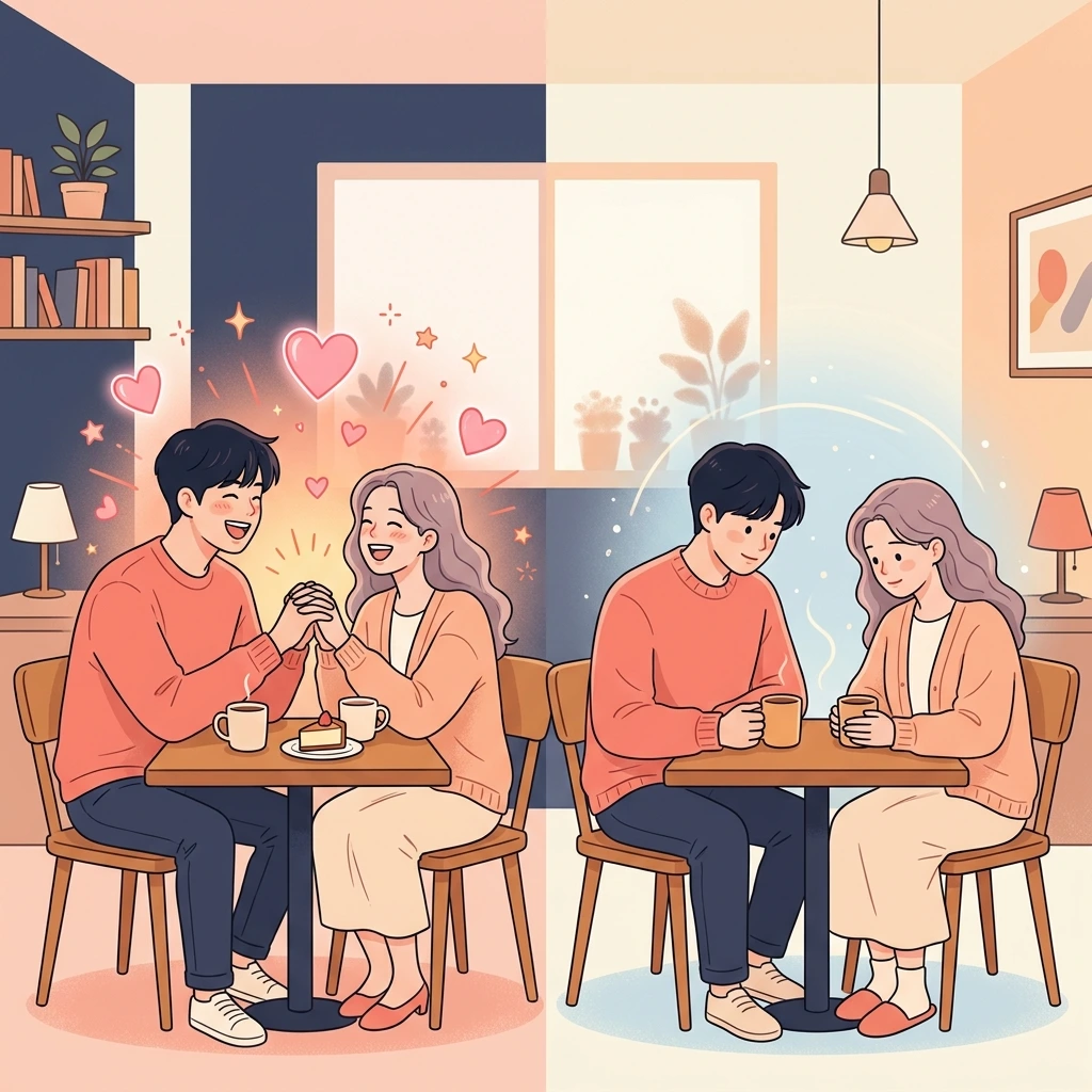 불타오르다 차갑게 식어버리는 금사빠 금사식 연애 심리 일러스트: 처음의 강렬한 설렘과 이후 차분해지는 마음의 변화를 대비한 감성 인물 일러스트