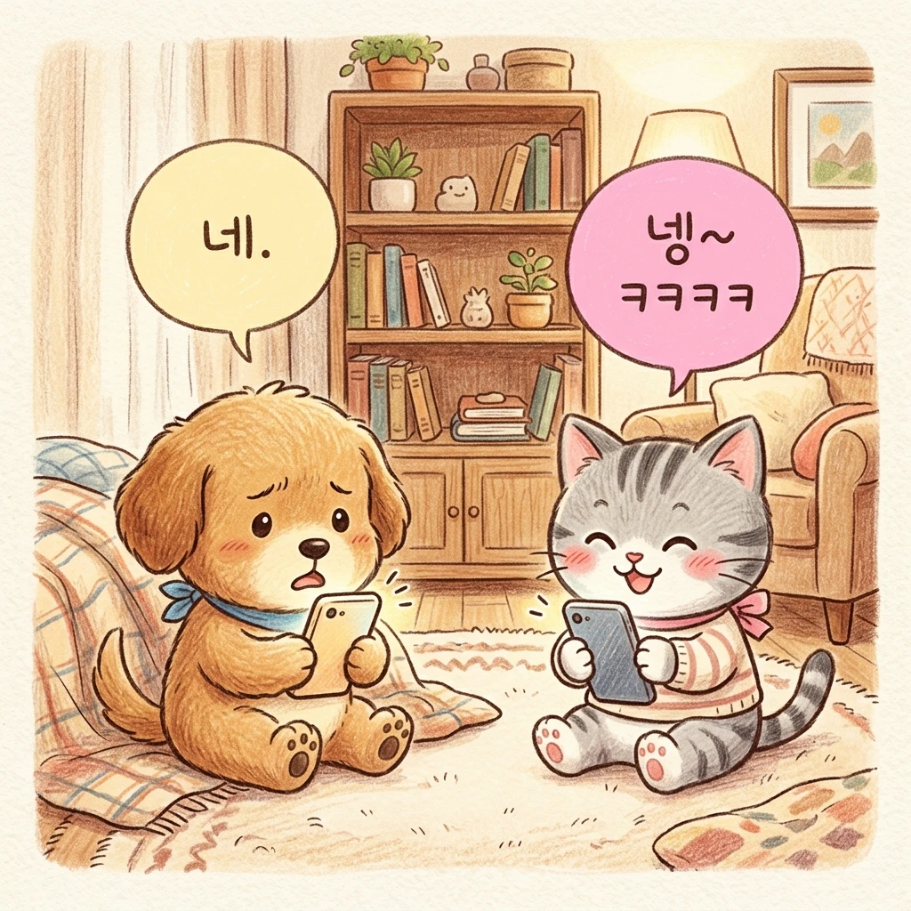 강아지 캐릭터가 '네.'라는 답장을 보고 당황하고, 고양이 캐릭터는 '넹~ㅋㅋㅋ'라고 웃으며 답하는 일러스트