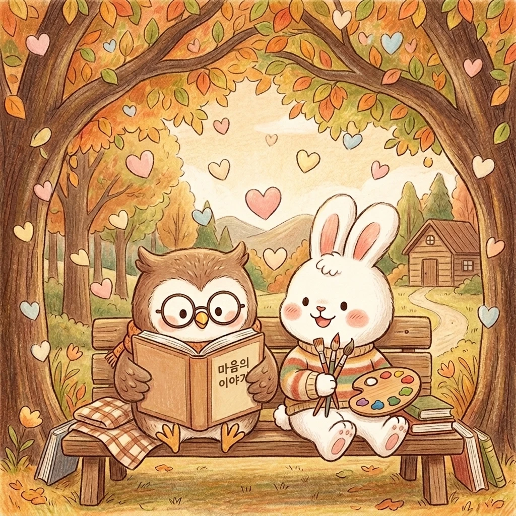 가을 나무 아래 벤치에서 책을 읽는 안경 쓴 부엉이와 붓과 팔레트를 든 토끼가 나란히 앉아 있는 일러스트