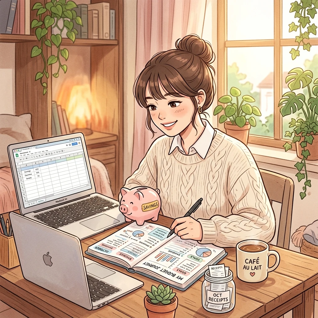책상에 앉아 영수증과 예산 플래너를 정리하며 합리적인 소비 습관과 저축 시스템을 점검하는 일러스트