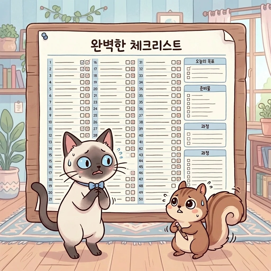 완벽한 체크리스트 앞에서 긴장한 샴고양이와 다람쥐 캐릭터 일러스트