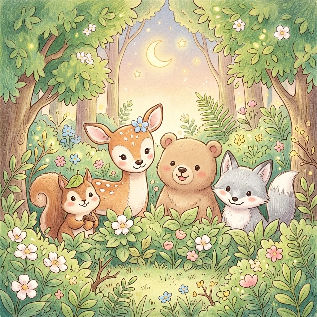 초승달이 뜬 꽃밭 숲에 다람쥐, 아기 사슴, 곰, 회색 여우가 나란히 모여 있는 일러스트